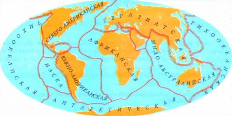 Литосферные плиты на карте мира