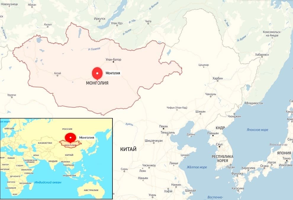 Монголия на карте Мира на материке Евразия