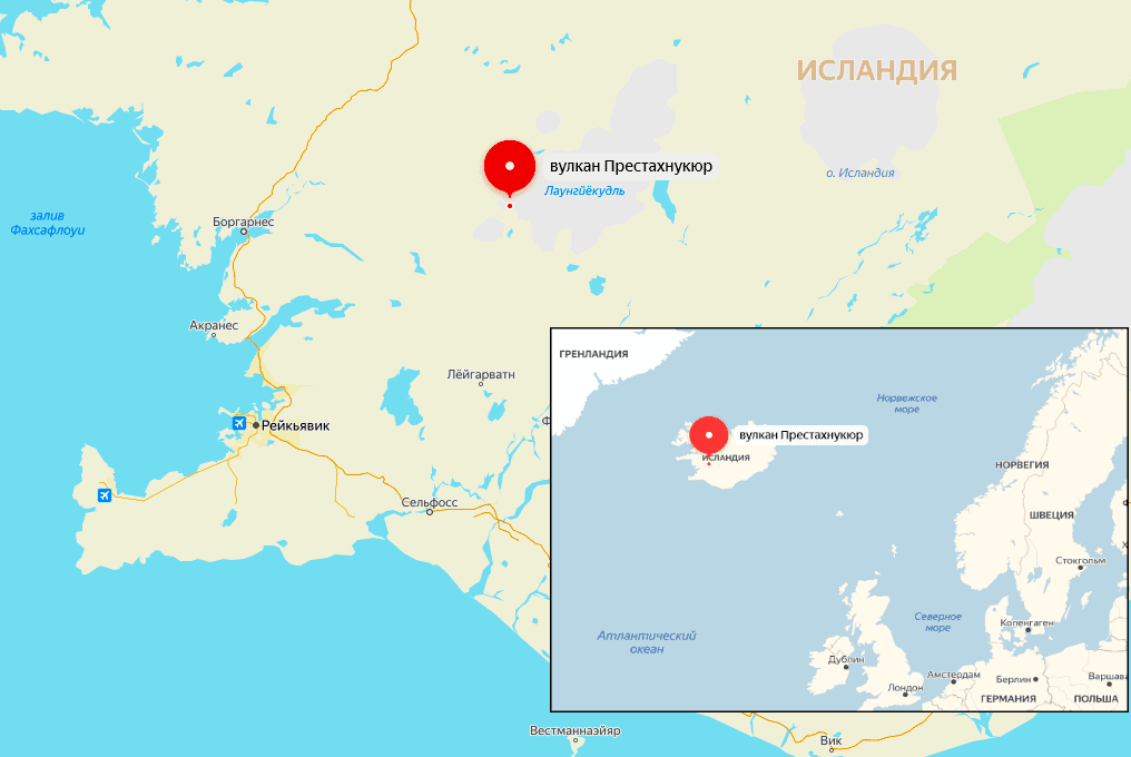 Где находится вулкан Престахнукюр на карте Мира? Местоположение -Атлантический океан остров Исландия