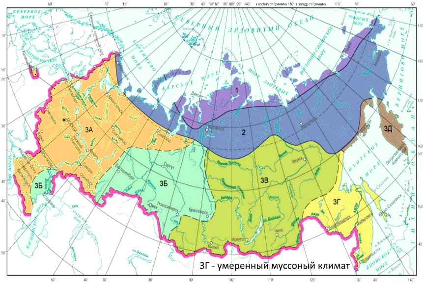 Умеренный муссонный климат в России. Где находится на карте? Расположение муссонно-климатической области на карте.
